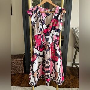 Pink Black Cream Abstract Surplice Midi Dress